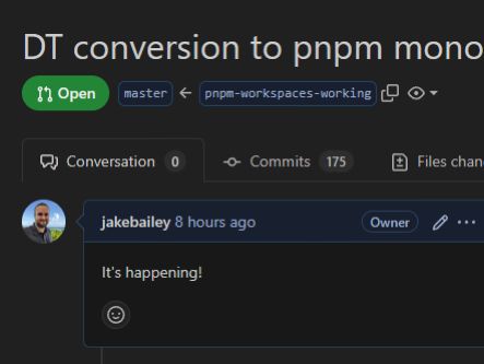 Screen shot of the WIP PR to DefinitelyTyped which will convert it into a pnpm monorepo
