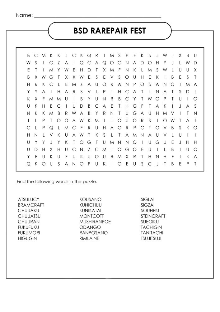 a word search titled ‘BSD RAREPAIR FEST’ with various rarepairs listed