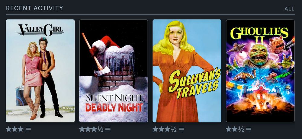 Screenshot from Letterboxd of my last four films watched: GHOULIES II, SULLIVAN'S TRAVELS, SILENT NIGHT DEADLY NIGHT (1984), and VALLEY GIRL