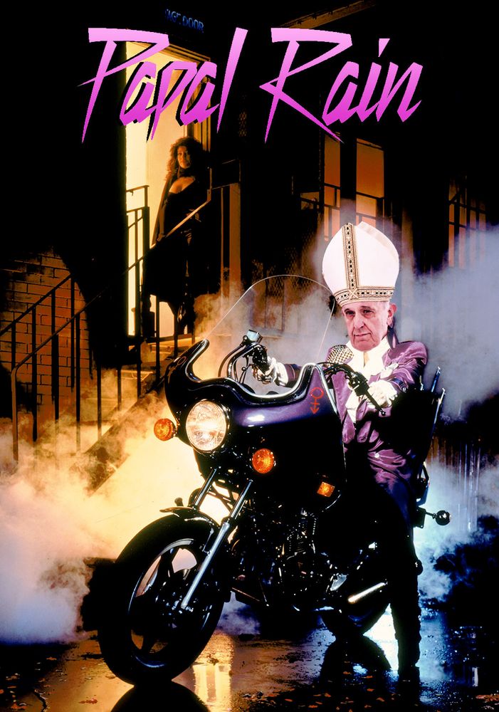 PAPAL RAIN: The poster for PURPLE RAIN with the last Pope whose name I forget photoshopped into it