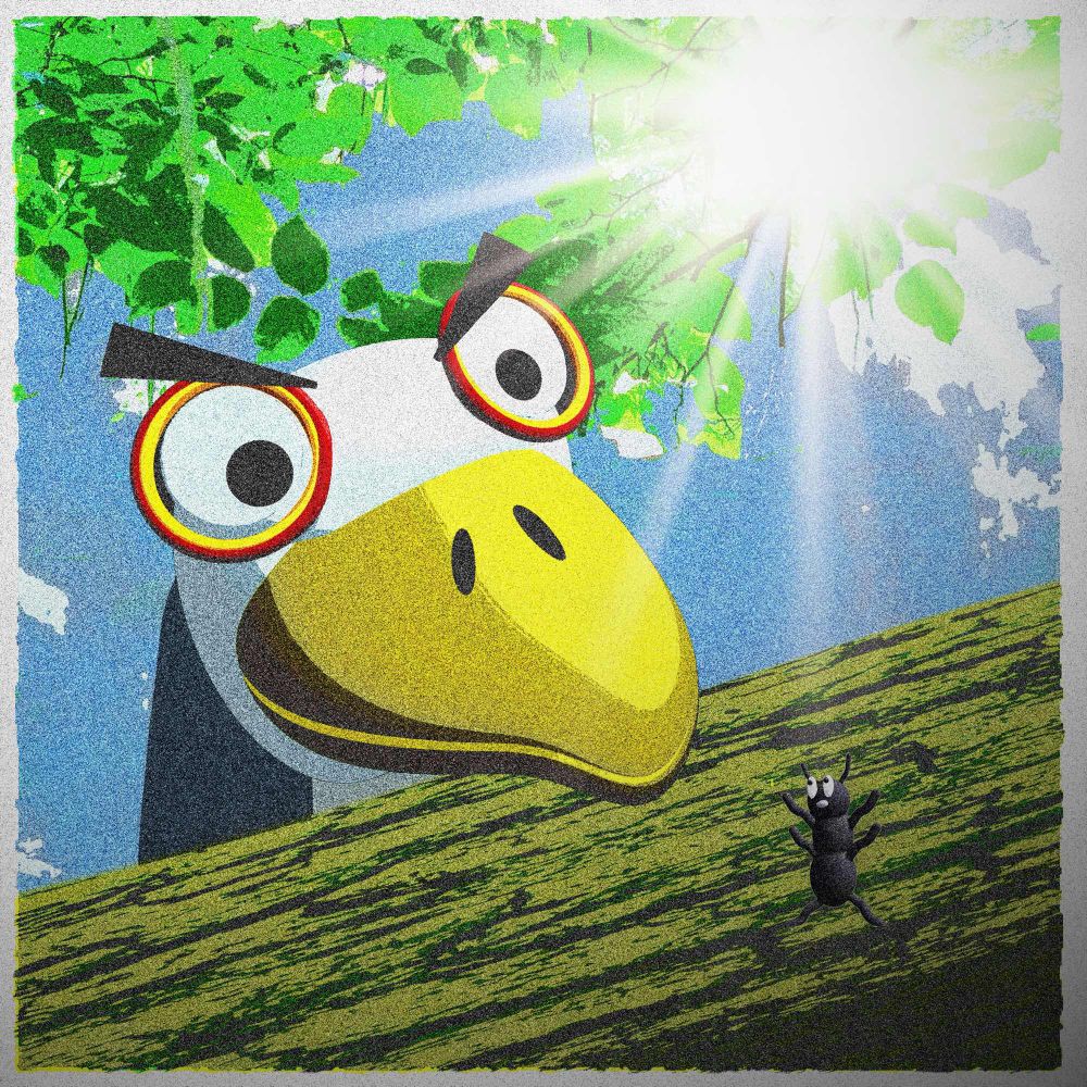 Burd & Bug (2024) - This playful artwork depicts a humorous encounter between a curious, oversized bird with rainbow-ringed eyes and a tiny, startled beetle clinging to a diagonally textured tree trunk. Set against a bright blue sky with sunbeams streaming through green foliage, the piece contrasts the bird’s bold, expressive features with the beetle’s small, vulnerable stance. Rendered in a comic-style stippled texture, it captures a whimsical moment of curiosity in nature.