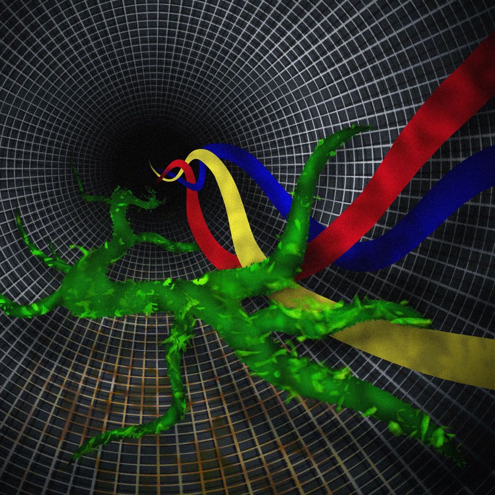 Grow Along and Never Stop (2024) - This digital artwork explores themes of resilience and adaptation, set in a surreal, tunnel-like space where organic life grows alongside rigid, electronic constructs. The background features a dark, infinite grid that recedes into a central vanishing point, symbolizing the cold, structured rigidity of a mechanical world. Bright red, blue, and yellow electronic wires twist and flow toward the center, representing conduits of energy and control. Interwoven with these wires is a glowing green organic form, resembling a plant or branch, growing defiantly despite the hostile environment.

The piece reflects the struggle for life to persist in a world designed without it in mind. The plant-like form thrives without sunlight or soil, adapting to draw sustenance from the energy coursing through the wires. By intertwining with the cold, mechanical framework, the organic form embodies a narrative of persistence and coexistence, finding growth even within the constraints of an artificial and hostile environment. The work challenges viewers to consider the ways life can adapt, transform, and endure against all odds.