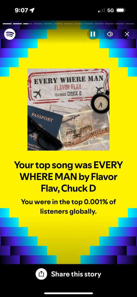 Screenshot of Flav’s Spotify wrapped and his top song is flavor flav every where man 