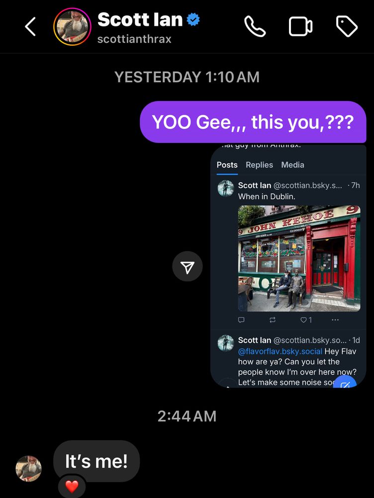 Flavor Flav DM exchange with Scott Ian confirming his BlueSky account 
