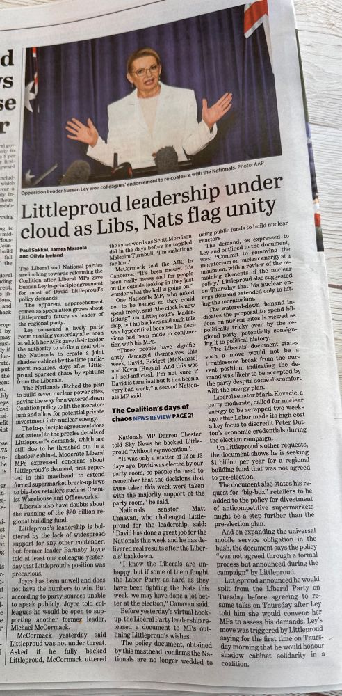Newspaper article about Littleproud’s leadership being ’under a cloud’ 