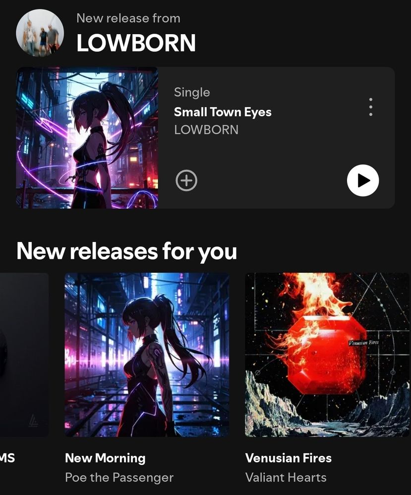 Musical artists Lowborn and Poe the Passenger have nearly identical single covers on spotify, both featuring cyberpunk aesthetics with an anime girl in side profile that look like they could be the same person.