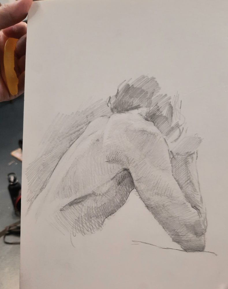 Pencil drawing of man's torso from right hand side
