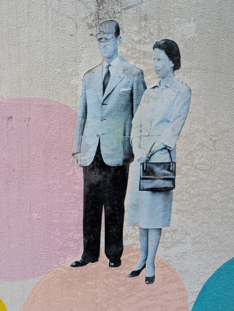 Detail from a mural by The Jealous Curator in Mount Pleasant Vancouver showing Prince Philip and Queen Elizabeth II