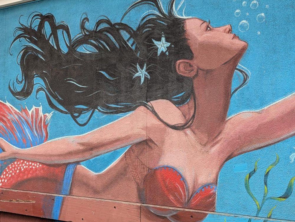 Detail from a mural in Mount Pleasant Vancouver showing a hyperreal black haired mermaid 