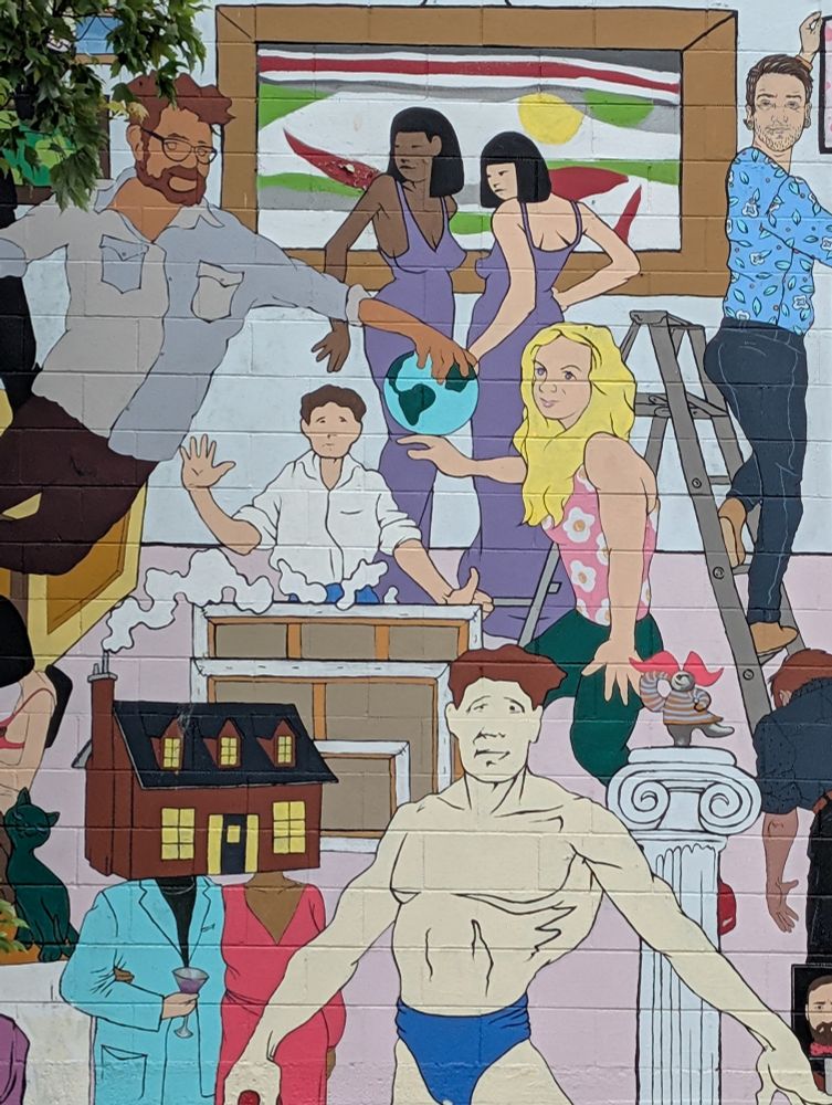 Details from the mural "Strange Bedfellows" by the art collective Phantoms in the Front Yard in Mount Pleasant, Vancouver.