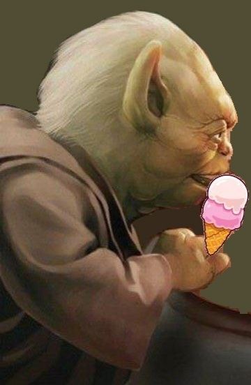 yoda is licking a delicious ice cream cone, he is a nasty little freak