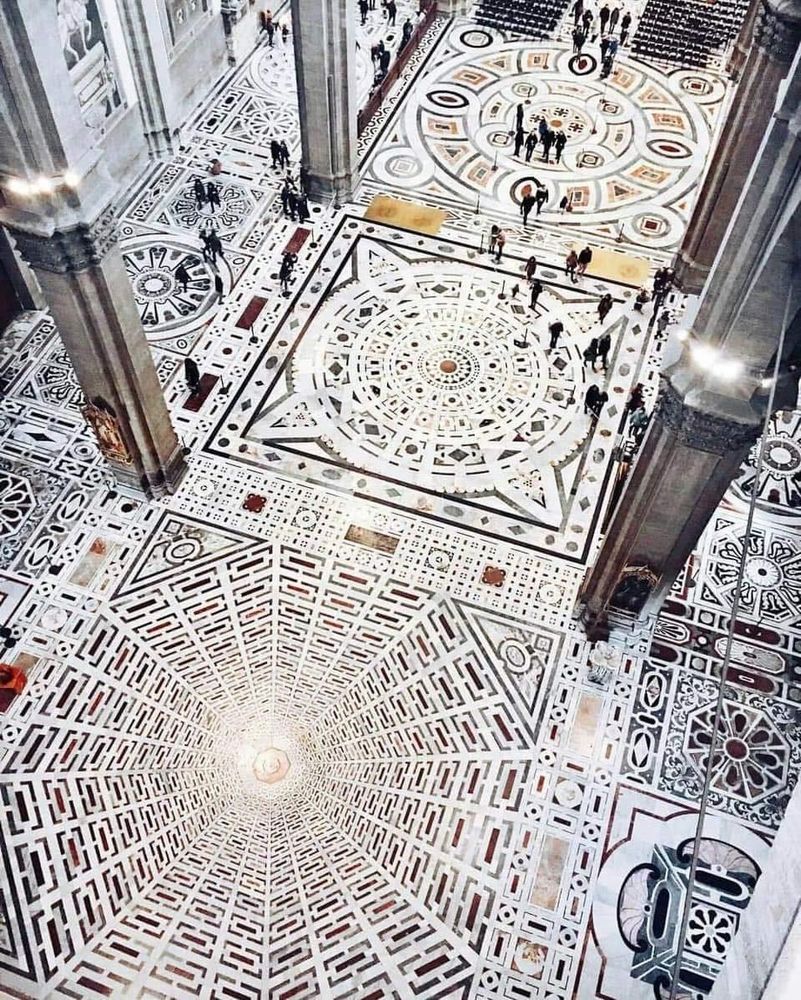 Optical Illusion Floor Design from 500 Years Ago in the Florence Cathedral, Italy, (16th century)