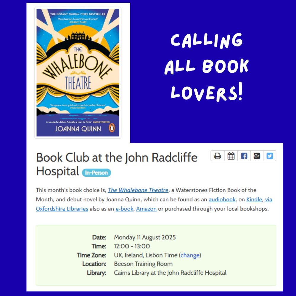 Image of book cover and details of the book club on 11 August, 12:00-13:00 in the Beeson Room, Cairns Library, John Radcliffe Hospital.