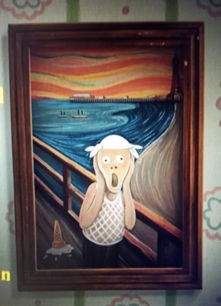 Parody of Edward Munch The Scream painting,  showing holidaymaker in string vest and knotted Jackie, screaming because he's dropped his ice cream