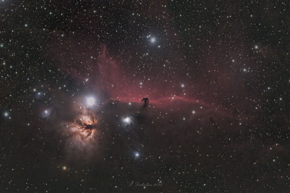Horsehead and Flame Nebula shot using ZWO ASI183MC, RedCat 51, ASIAir.  Processed in Siril, Photoshop and DeNoise AI.