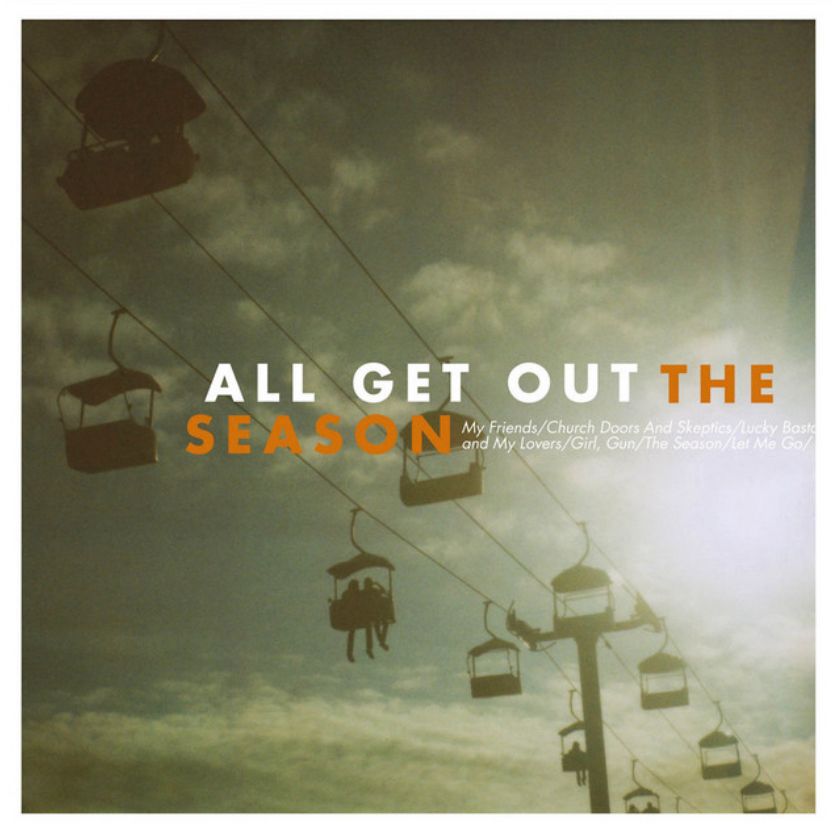 Album cover of “the season” by all get out. A picture taken from the perspective of a person standing below people riding on a chair lift