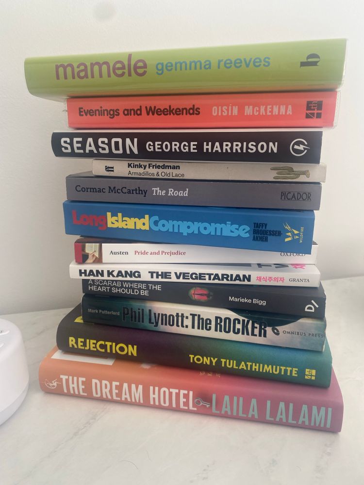 From top to bottom: 

Mamele - Gemma Reeves
Evenings and Weekends - Oisin McKenna
Season - George Harrison
Armadillos and Old Lace - Kinky Friedman
The Road - Cormac McCarthy
Long Island Compromise - Taffy Brodesder-Anker
Pride & Prejudice - Jane Austen
The Vegetarian - Han Kang 
A Scarab Where the Heart Should Be - Marieke Bigg  
Phyll Lynott *the Rocker* biography 
Rejection - Tony Tulathimutte 
The Dream Hotel - Laila Lalami
