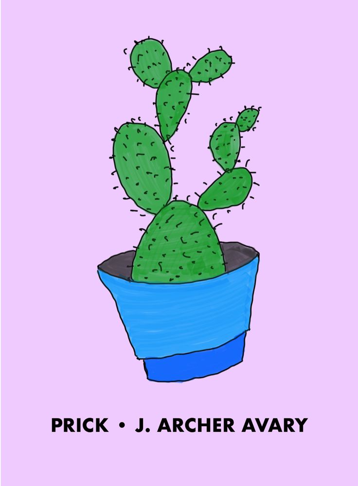 Cartoon cactus in a blue two-tone pot over a pink background. This is a mood board image for my forthcoming story collection “prick”
