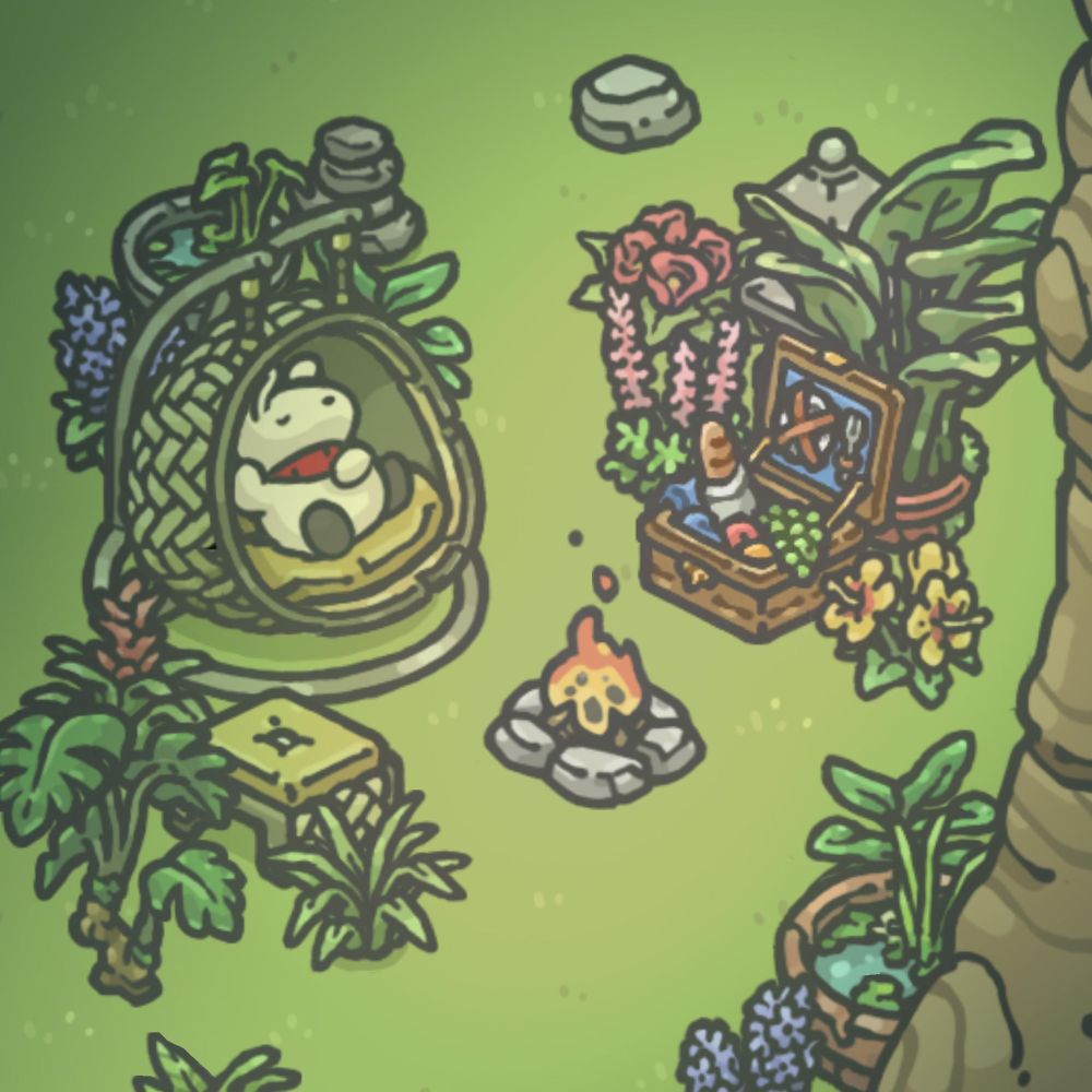 screencap from the game tsuki’s odyssey, listed on the game feed i made using #tsukisodyssey :

tsuki relaxing outside in a wicker hanging chair in front of a campfire and next to a picnic basket, surrounded by plants and flowers, and a copper garden pool