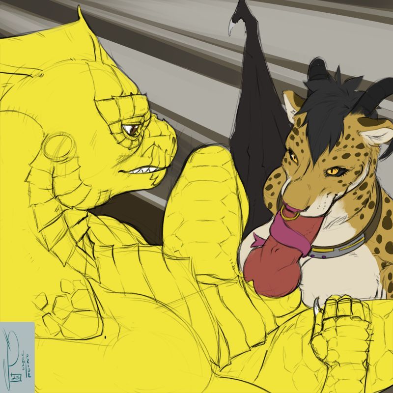 Not satisfied with just a hug, it looks like the demoness wanted to taste the dragon.

(NSFW artwork of a golden dragon, sitting in a reclining position, receiving oral sex from a cheetah-demoness who is kneeling down between his legs. His large, knotted cock is wrapped firmly in her long, serpent-like tongue.)