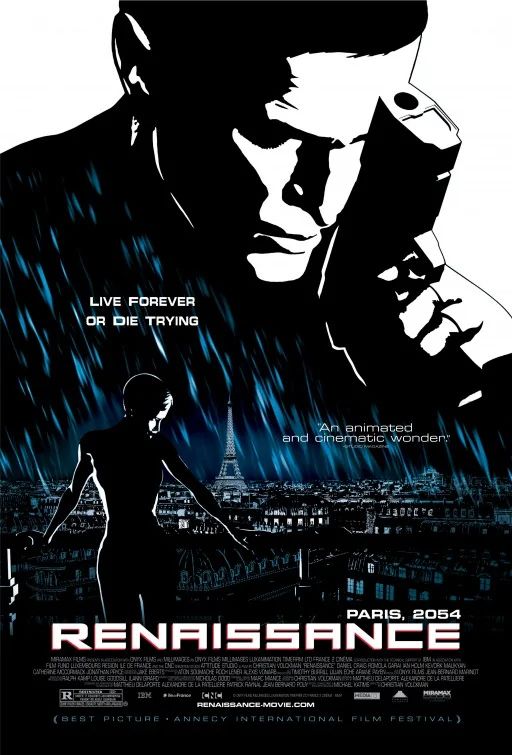 Movie poster for the 3D animated action/cyberpunk movie, RENAISSANCE: Paris 2054 - Starring Daniel Craig