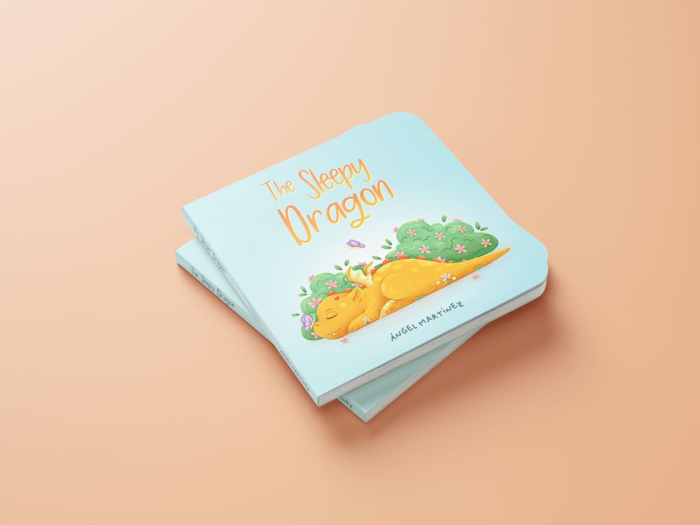 Square board book titled The Sleepy Dragon, on the cover, a little yellowish orange dragon sleeps next to a bush with pink flowers. A purple butterfly stands on his nose.