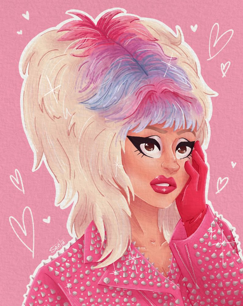 Digital illustration of Trixie Mattel. She's wearing a pink leather jacket with spikes all over, pink gloves and a mostly blonde wig that can only be described as "bisexual Elvira"