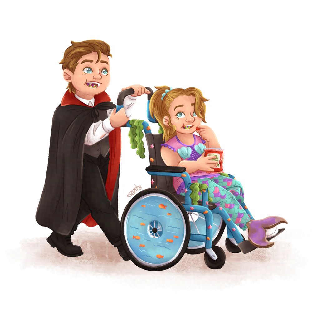 Digital illustration of twin siblings in halloween costumes eating candy. The brother is dressed as a vampire, with fake fangs and long black cape, his blonde hair is slicked back. He's pushing his sister's wheelchair. The girl is dressed as a mermaid, she's missing a leg and has a mermaid tail made out of cardboard on her foot. Her blue wheelchair is decorated with fish and starfish stickers and some paper seaweed hangs from the sides. She's holding a bag of gummies.