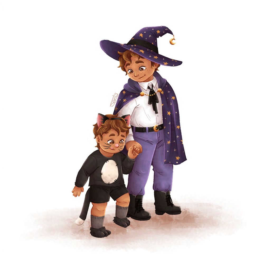 Digital illustration of two kids dressed up for Halloween. Both of them have tanned skin, light brown hair and eyes. The older brother is dressed up as a wizard. In purple tones and with matching pointy hat and cape with gold stars. He's holding hands with his toddler brother who's dressed up as a black cat, his familiar. The older kid is smiling down at his little brother who looks very concentrated in walking.