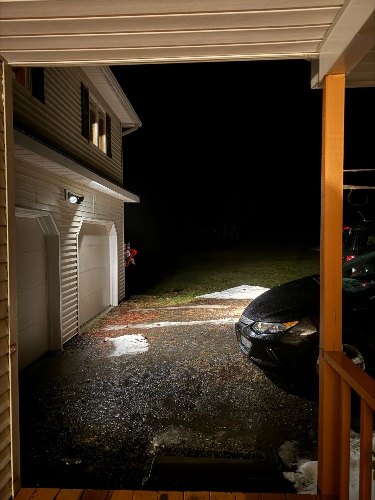 Photo of a driveway being viewed from a porch at night. Fungus peers from behind the garage on the left.