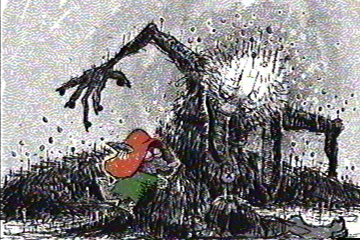 Drawing of Fungus hugging the thigh of a fungal aye-aye sitting on the ground. The aye-aye, with a sad expression, twists their torso over towards Fungus. The image has a VHS filter applied to it.