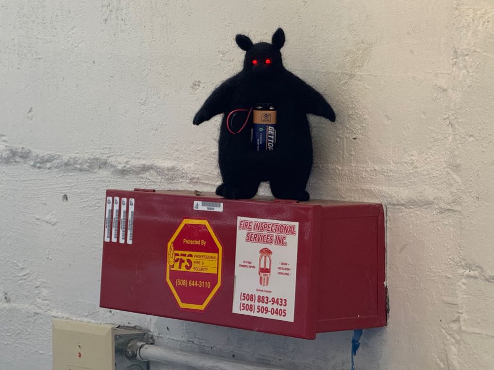 Photo of Fire Hazard standing on a red painted metal box attached to a white wall.