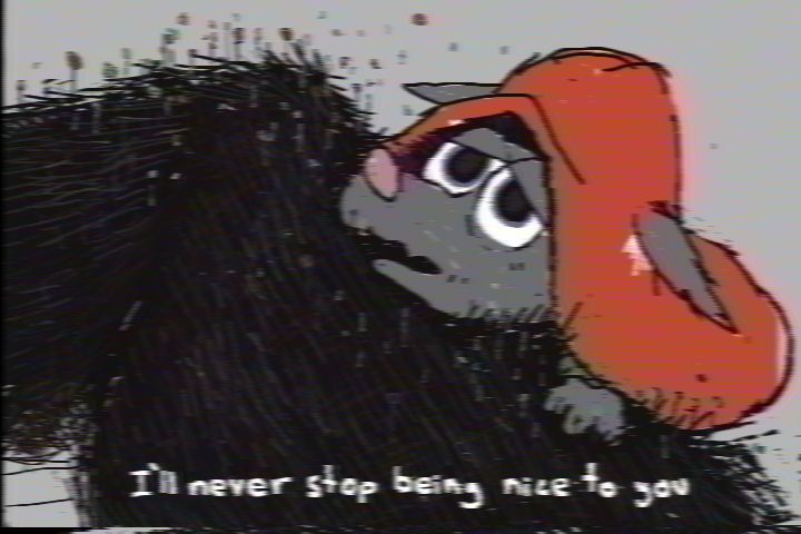 Drawing of Fungus resting their head on a dark shaggy, spore covered thigh. They look up with sad eyes, drooping ears. They say "I'll never stop being nice to you".