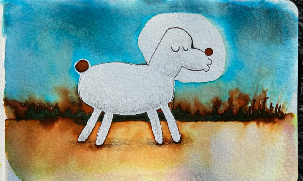 Drawing of a creature on a dirt path