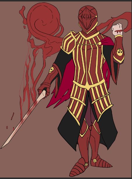 Sketch progress of a blood knight holding a sword wearing a helmet. His suit of armor bears stripes, and below the armor is a robe. There is blood levitating to form a ball. This version has color. He is red with gold stripes and skulls. And his robe is a dark grey black. He also wears a purple red cape.
