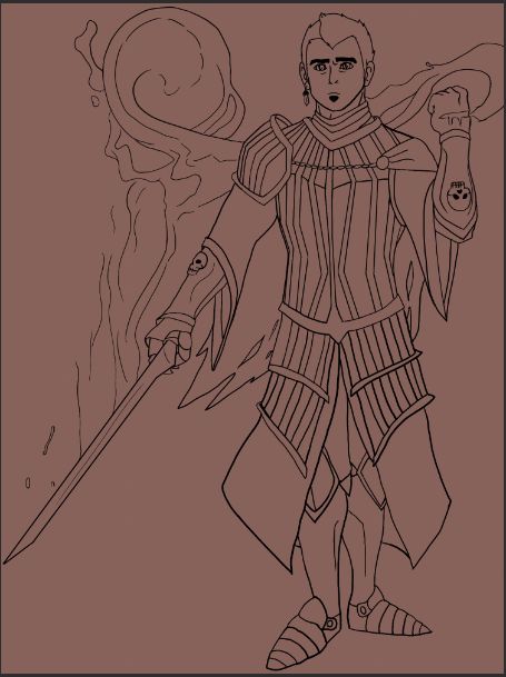 Sketch progress of a blood knight holding a sword wearing no helmet. His suit of armor bears stripes, and below the armor is a robe. There is blood levitating to form a ball