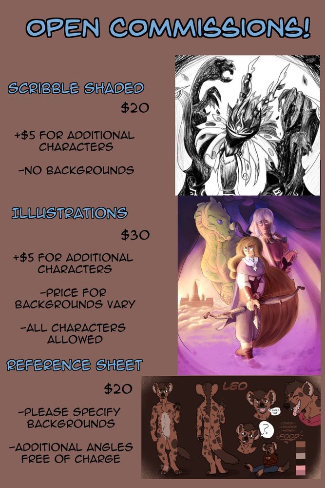 Commission info sheet with examples.
Scribble shaded 20$ +5$ for additional characters no backgrounds
Illustrations 30$ +5$ for additional characters price for backgrounds vary, all characters allowed
Reference sheet 20$ please specify bsckgrounds additional angles free of charge