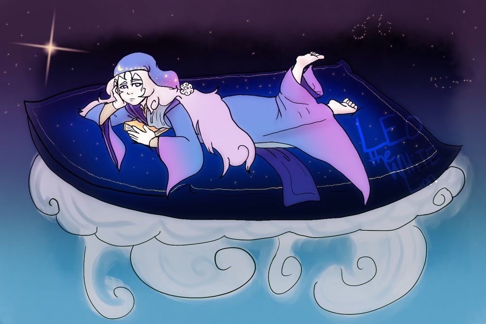 A character laying on a giant floating pillow, he wears robes, a nightcap and holds a book against his chest. The background is a nightsky