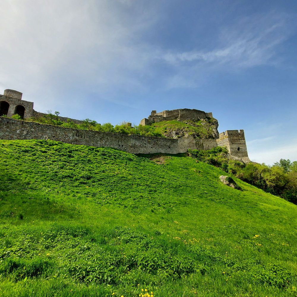 Ein schöner Anblick. Die Ruinen der Burg Theben. Hier beim Weg hinauf.