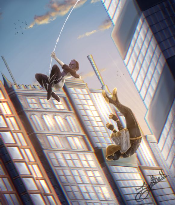 The picture of two own character based on spiderverse, male and female, falling down high building