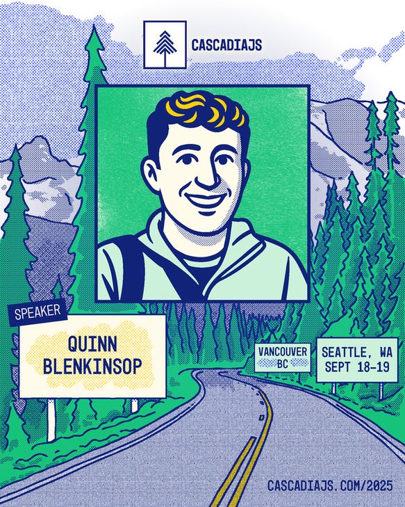 A winding road to Mt. Rainier, with an illustrated portrait of Quinn Blenkinsop. Seattle, WA and Vancouver, BC. Sept 18-19. 
