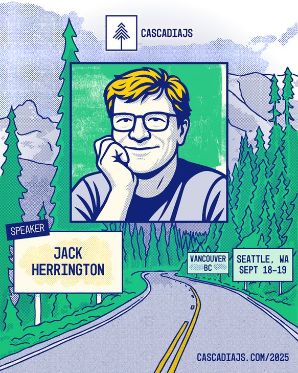 A winding road to Mt. Rainier, with an illustrated portrait of Jack Herrington. Seattle, WA and Vancouver, BC. Sept 18-19. 