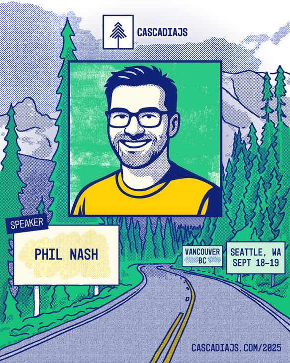 A winding road to Mt. Rainier, with an illustrated portrait of Phil Nash. Seattle, WA and Vancouver, BC. Sept 18-19. 
