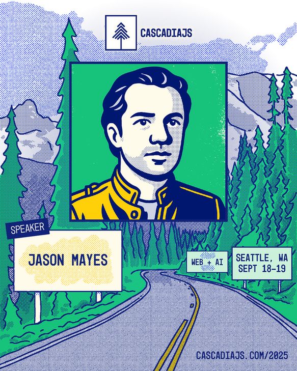 A winding road to Mt. Rainier, with an illustrated portrait of Jason Mayes. Seattle, WA and Vancouver, BC. Sept 18-19. 
