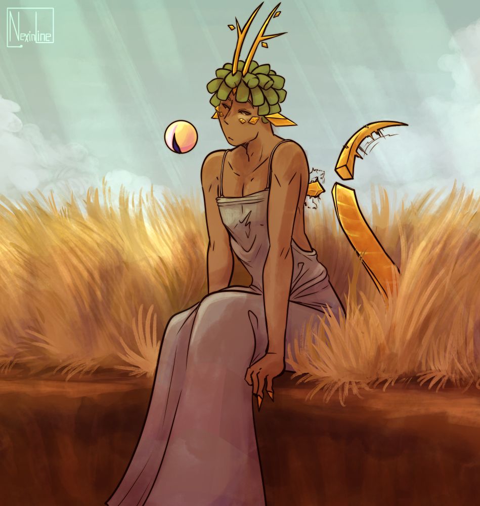 A woman in a thin-strapped grey dress, sits on the edge of like cliff or something surrounded by yellow grass.