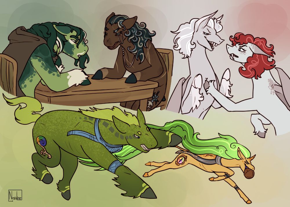 In the upper left, a green earthpony and his mother, the brown earthpony with swirls in her hair- have an intense conversation about familial expectations and a missing father. 

In the upper right, two bat ponies, one with a red dyed mane get into a heated confrontation, as the red maned one threatens the other to not ruin her relationships like he always does.

On the lower half of the image, a crystal pony who looks closer to a unicorn than the earthpony he is, bolts full sprint with a ball in his mouth. While a giant earthpony attempts to catch up to them but isn't fast enough.