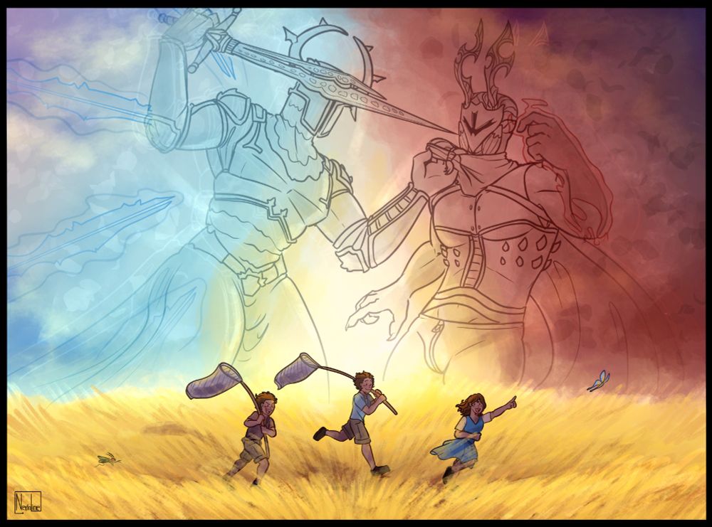 Two large men, framed in the sky fight each other, one armoured heavily and wielding a sword, the other armoured lightly casting spectral blades behind the other. 

In front of them, the two men's younger selves chase behind a young girl with bug nets. All three gleefully chase a butterfly.