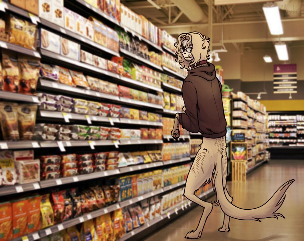 A blonde man with a dog body stands on his hind legs in a grocery store aisle <3. He is looking at you.