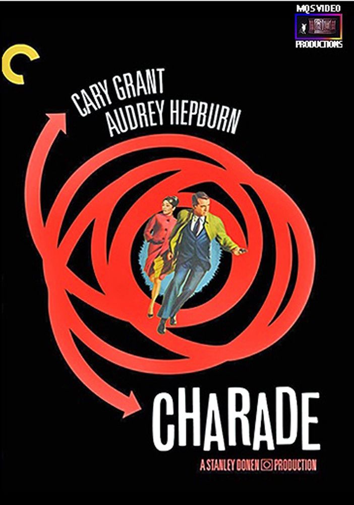 Poster for the film Charade, which shows Cary Grant and Audrey Hepburn running while surrounded by swirling red arrows