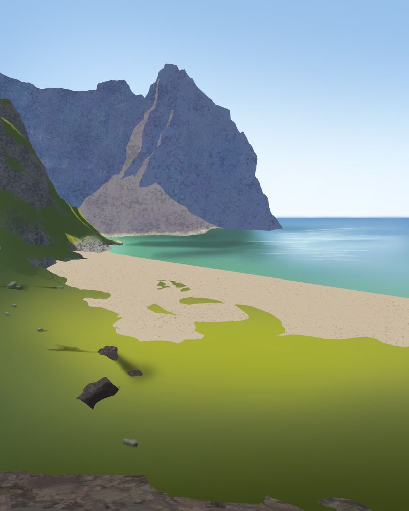 This is a painting of a beach. Their is a giant cliff in the background, but towards the Left. The mid ground has a large cliff structure to the left. The overall terrain is grass in the forgound and few rocks scatter around the image. The overall feel of this piece is sunny and relaxing. Aslo this shows the overll textures in this piece.